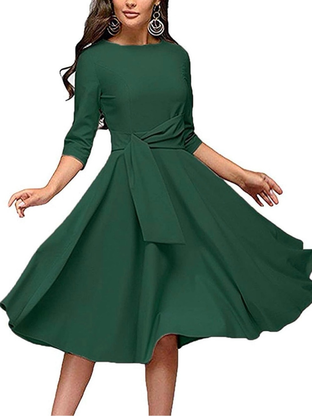 Elegant Green Fit-and-Flare Midi Dress with Waist Tie